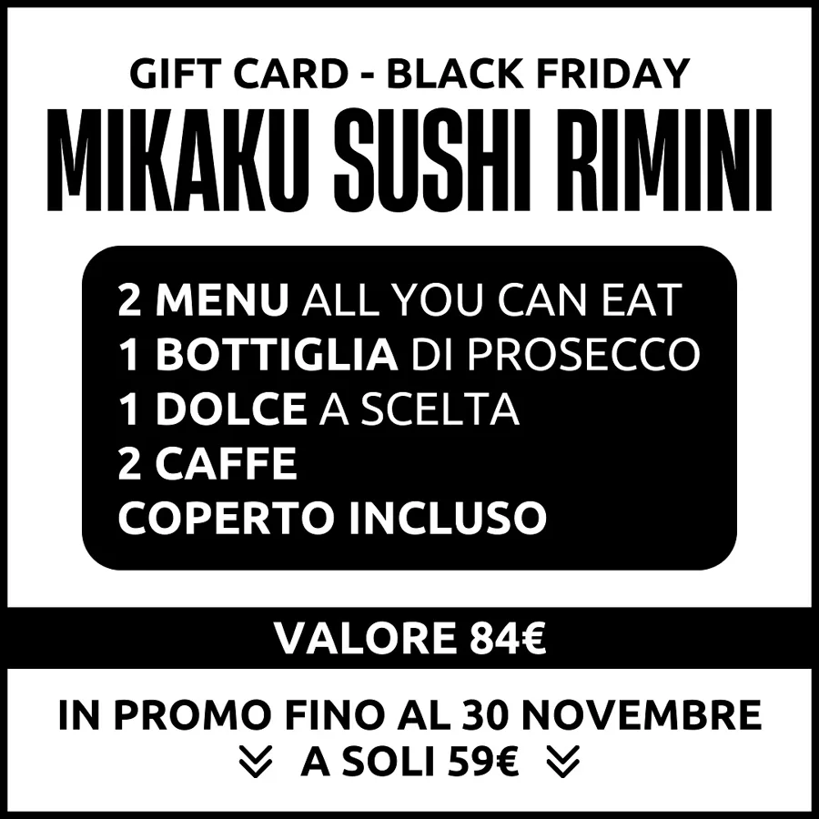 La scheda dell'offerta: 2 menu all you can eat, 1 bottiglia di Prosecco, 1 dolce a scelta, 2 caffè, coperto incluso, valore 84 €, in promo fino al 30 novembre a soli 59 €