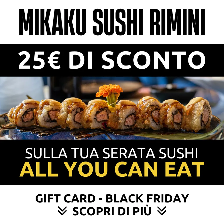 La creatività «25 € di sconto sulla tua serata sushi all you can eat» su sfondo nero con un roll fritto