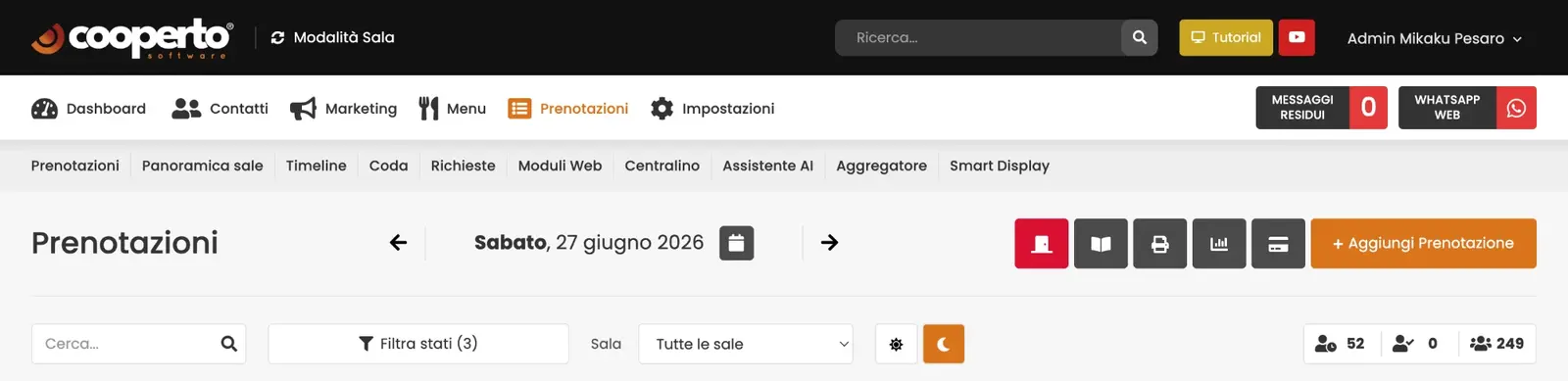 Il pannello Cooperto di Mikaku Fusion, sabato 27 giugno 2026: 52 prenotazioni e 249 coperti