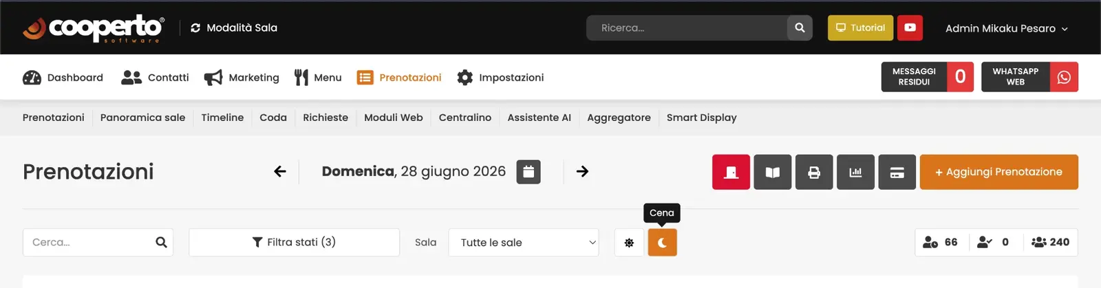 Il pannello Cooperto di Mikaku Fusion, domenica 28 giugno 2026: 66 prenotazioni e 240 coperti