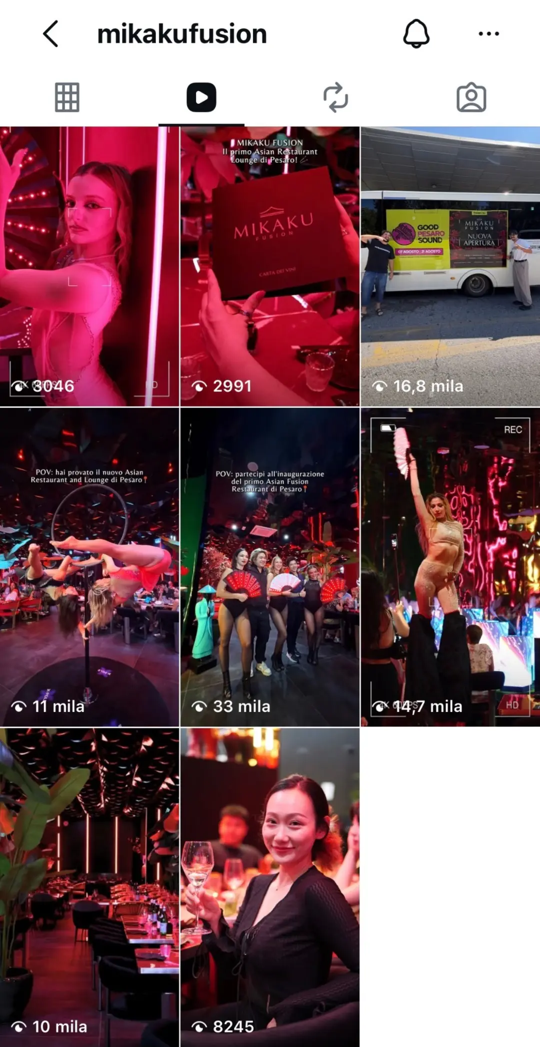 Il profilo Instagram di Mikaku Fusion con i reel dell'apertura: 33.000, 16.800, 14.700 e 11.000 visualizzazioni
