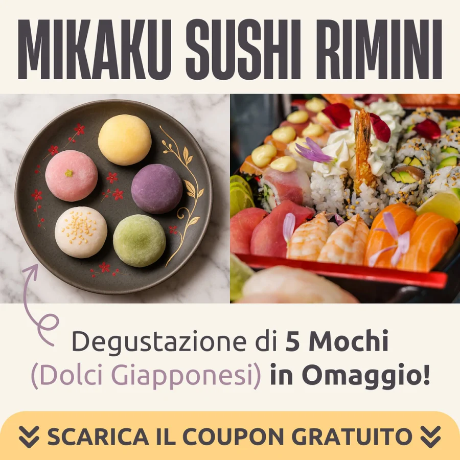 Creatività dell'annuncio di Mikaku Sushi Rimini, con il piatto con cinque mochi, il sushi, «Degustazione di 5 mochi (dolci giapponesi) in omaggio», pulsante «Scarica il coupon gratuito»